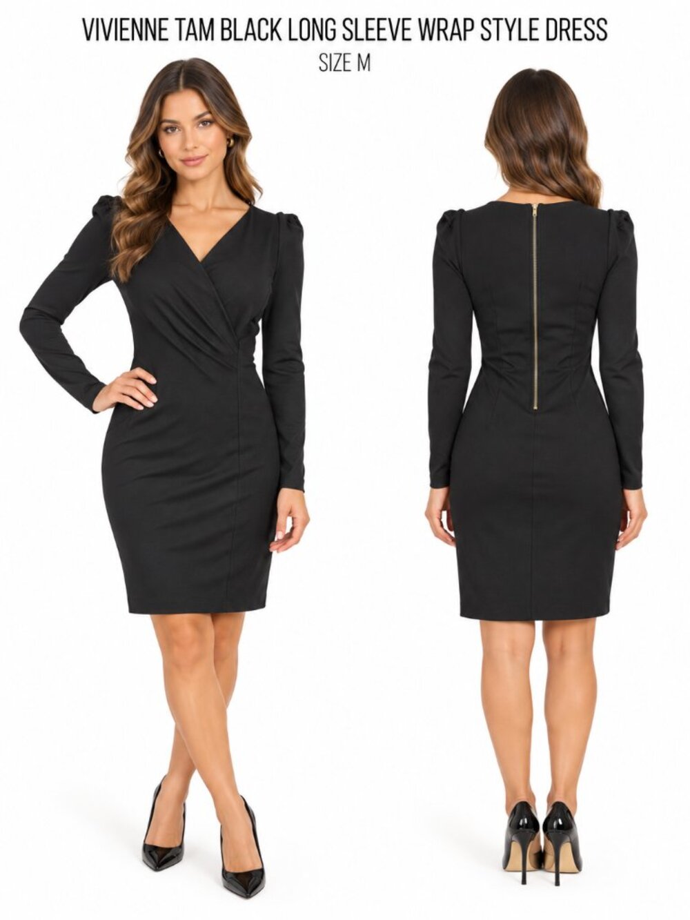 VIVIENNE TAM BLACK LONG SLEEVE WRAP SHEATH DRESS SIZE M